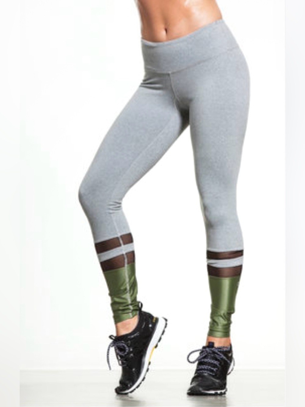 Splits59 Ryval Athletic Leggings Gray with Black Stripes & Green Cuffs Sz Medium